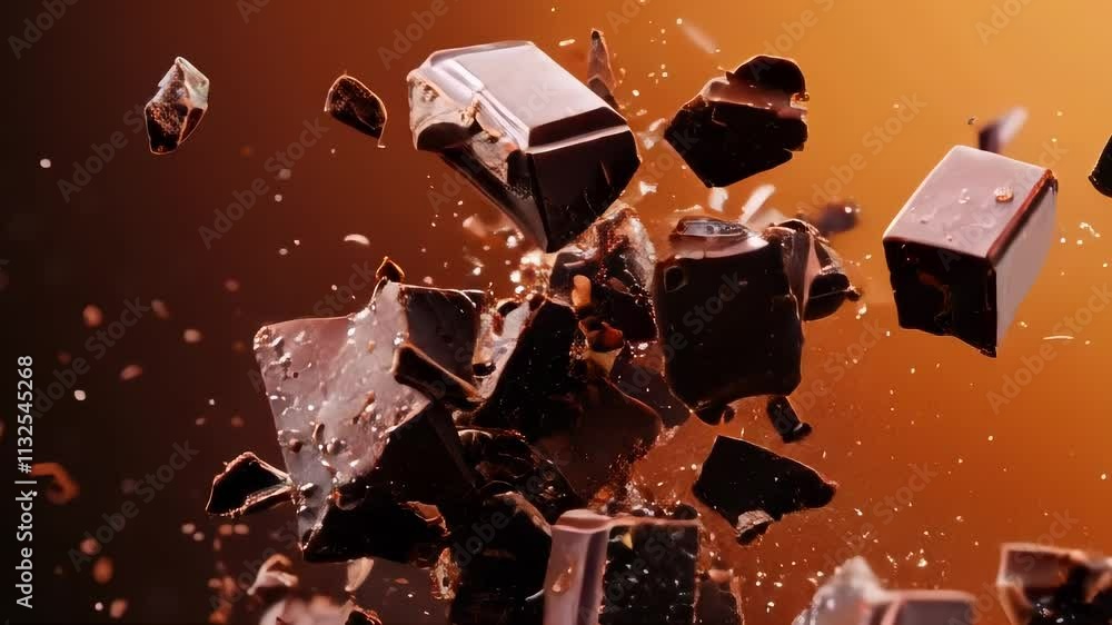 Poster dark chocolate pieces explode in slow motion against a warm background, creating a visually appealin
