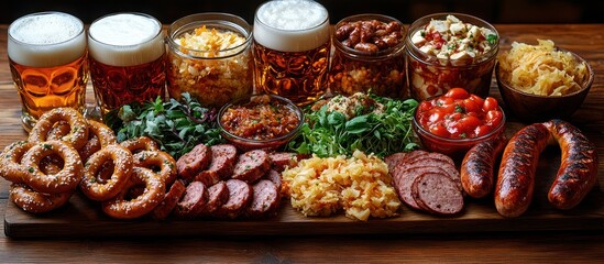 Fototapeta premium Assorted German Beer Snacks and Drinks on Wooden Board.