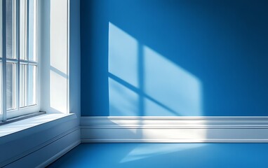 Obraz premium Sunlight streams through a window into a blue room, illuminating the corner.