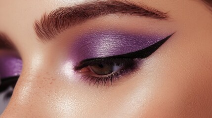 Close-up of Beautiful Eye Makeup with Purple Eyeshadow and Eyeliner