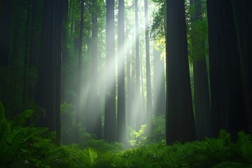 Fototapeta premium Sunbeams illuminating a misty redwood forest.