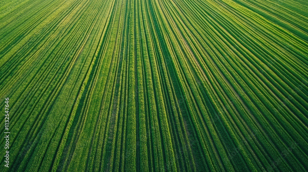 Poster aerial view of lush green agricultural field with unripe cereal crops showing neat rows and patterns