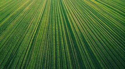 Obraz premium Aerial view of lush green agricultural field with unripe cereal crops showing neat rows and patterns under bright natural lighting.