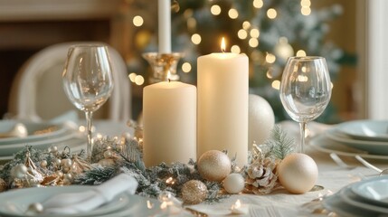 Festive Christmas Table Setting with Candles and Ornaments