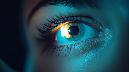 Fototapeta premium A doctor examining a patient's eye with a small flashlight, highlighting the iris and pupil details. The focused light creates a dramatic effect, emphasizing eye health and the importance of vision ca