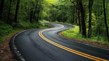Obraz premium Winding forest road with sharp turns surrounded by lush greenery and tall trees in a tranquil natural setting