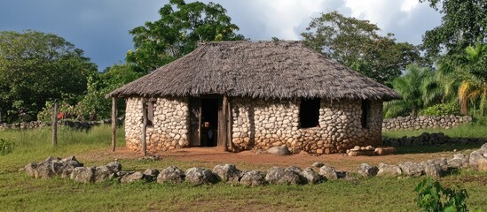 Obraz premium Traditional stone dwelling with thatched roof surrounded by lush greenery in a serene village setting showcasing rustic architectural charm.
