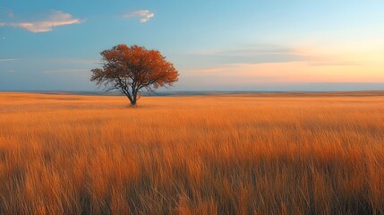 Fototapeta premium A lone tree stands in a field of tall grass