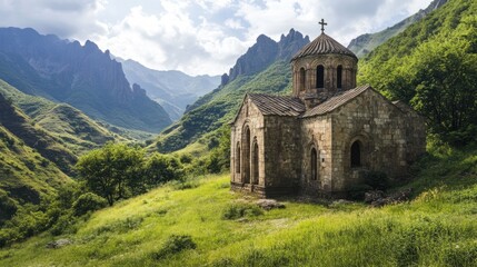 Fototapeta premium Ancient 10th century Christian church surrounded by mountains and lush vegetation in a serene landscape setting.