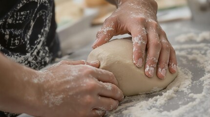 Fototapeta premium Close-up of hands kneading dough, showcasing the process of baking bread or pastry with flour and expertise in a cozy kitchen.