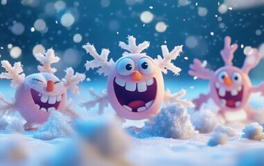 Fototapeta premium A group of animated snowflakes with expressive faces and playful poses on a snowy backdrop