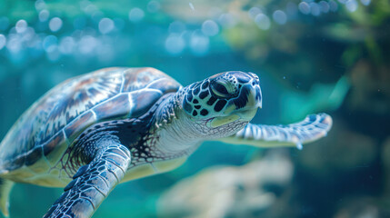 Fototapeta premium close up sea turtle swimming underwater clear clean animal diving and reef coral ocean