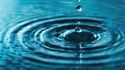 Water drop falling in blue water surface ripple clean clear blue dark tone