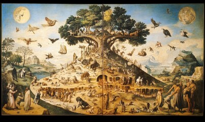 Obraz premium Fantastic tree, creatures, celestial bodies, humans, landscape.