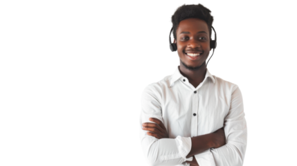 Call center young african woman with arms crossed and smile , customer service on white background