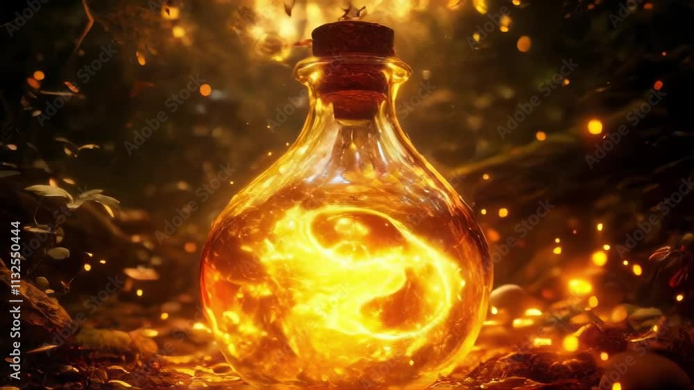 Poster a glowing potion swirls within a glass bottle nestled in a mystical forest. ideal for fantasy, magic