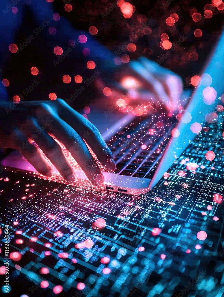 Aufkleber close-up of hands typing on a laptop, surrounded by vibrant digital sparks and circuit patterns.
