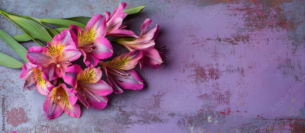 Poster alstroemeria flowers elegantly arranged on a rustic violet desk surface creating a vintage aesthetic