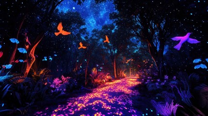 A sprawling neon jungle with glowing vines and bioluminescent trees under a starry digital sky Digital birds soar above casting colorful shadows on the forest floor