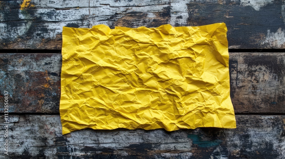 Poster crumpled yellow paper sheet on a rustic wooden surface creating a textured and vibrant background fo