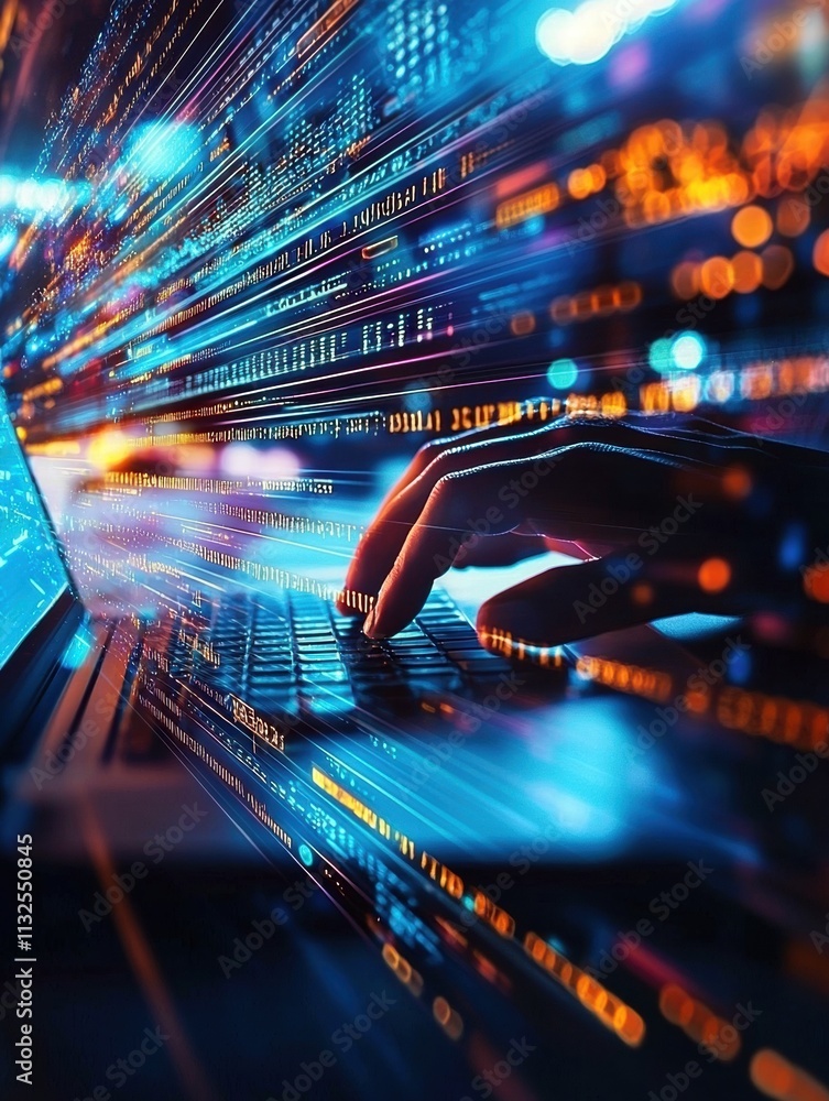 Aufkleber close-up of a hand typing on a keyboard with dynamic digital effects in vibrant colors.