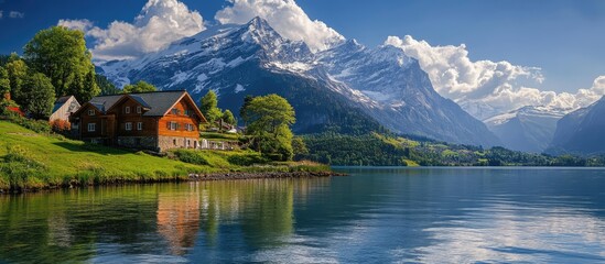 Fototapeta premium Serene landscape featuring mountains, a tranquil lake, a charming house, and lush greenery under a clear blue sky