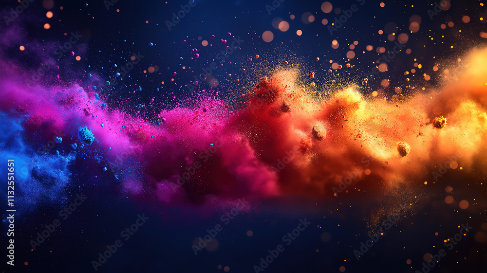 Poster vibrant color explosion against a dark background. a dynamic image of vibrant colored powder explodi