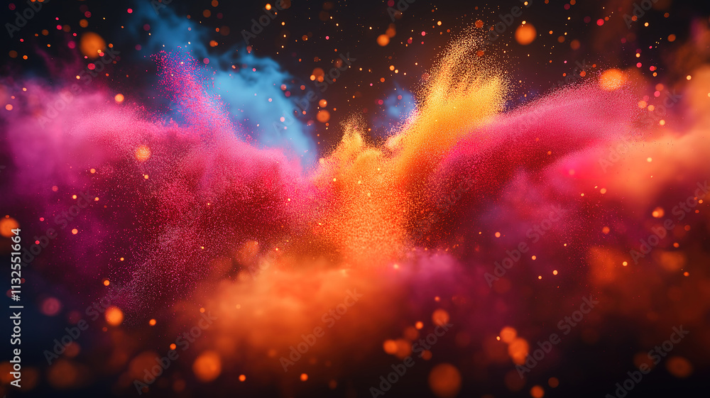 Poster vibrant color explosion against a dark background. a dynamic image of vibrant colored powder explodi