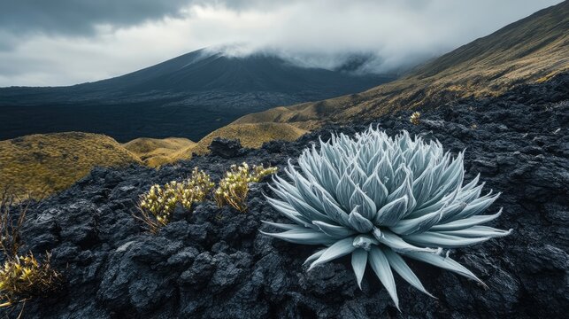 Ahinahina Silversword plant thriving on volcanic landscape with dramatic mountain backdrop under moody sky.