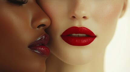Fototapeta premium Intimate beauty close-up of two women with bold lips