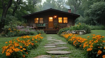 Obraz premium Cozy log cabin surrounded by vibrant flowers and greenery.