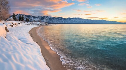 Obraz premium Serene winter twilight at a beach featuring turquoise waters, a snowy shore, and pastel skies over rugged mountains.