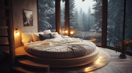 Fototapeta premium Cozy round bed in a snow-covered forest cabin.