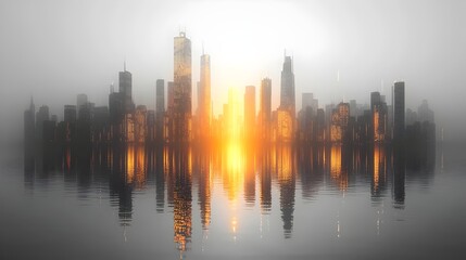 Obraz premium A city skyline is reflected in the water, with the sun setting in the background