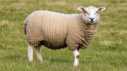 Sheep grazing in a lush green field captured from a side angle showcasing its woolly coat and serene rural atmosphere.