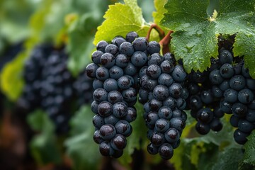 Naklejka premium Juicy grape bunches hanging from green vines in a lush vineyard