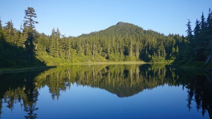 Obraz premium Tranquil lake view with vibrant green trees and hill reflecting in calm water under a clear blue sky in a peaceful wilderness setting