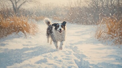 Playful Sheepdog Running Through Snowy Landscape During Winter Day