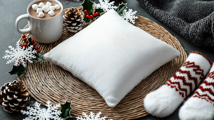 Fototapeta premium A white cushion pillow sits at the center of a circular woven mat, surrounded by delicate snowflakes, white glittering ornaments, and frosted pinecones, mistletoe , and a mug of hot cocoa