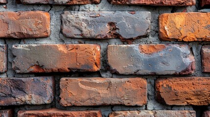 Close-up of a weathered brick wall with varying colors and textures.