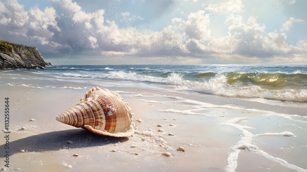 Poster seashell resting on a tranquil sandy beach with gentle waves and a serene sky in the background capt