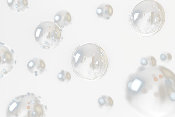 Abstract background with shiny chrome spheres floating in dark space.