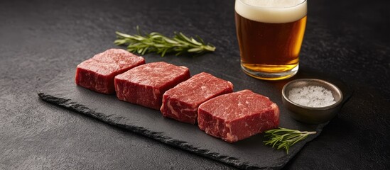 Savory beef steaks with beer and rosemary on black slate surface for gourmet culinary presentation and food advertisement