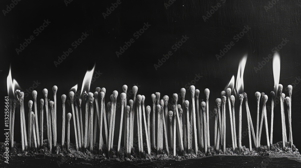 Poster sequential burning matches creating a captivating visual of fire progression on a dark background ev