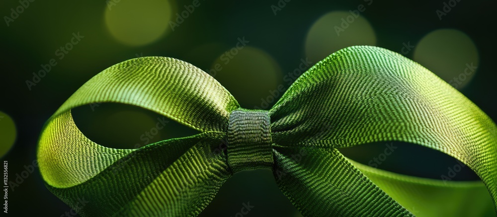 Poster elegant green ribbon bow with a smooth texture, showcasing intricate details and a soft bokeh backgr