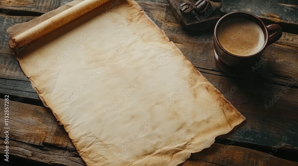 Poster coffee stained parchment with a rustic mug on a wooden surface creating a nostalgic and warm ambianc