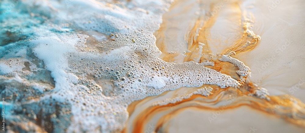 Poster macro close-up of sandy beach textures with foamy waves and natural patterns creating a serene coast