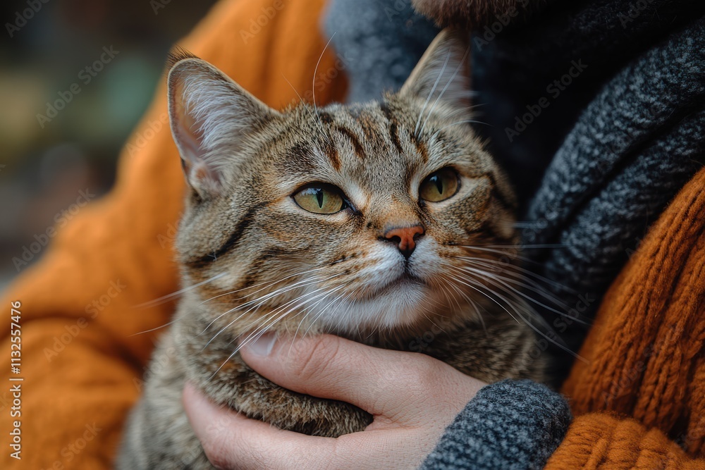Poster man enjoys quiet moment stroking his cat on a cozy lap in a relaxed setting