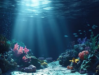 Obraz premium A realistic photo of an underwater scene with coral reefs and fish, illuminated by sunlight filtering through the water's surface.