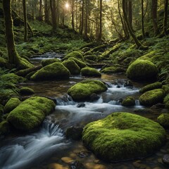 Obraz premium A tranquil stream winding through a dense forest, with moss-covered rocks and dappled sunlight filtering through the trees.